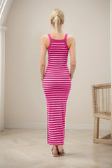 Fuchsia Striped High Neck Ribbed Maxi Dress