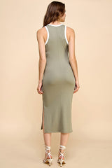 Light Olive/Soft White High Neck Ribbed Sleeveless Midi Dress