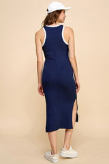 Navy/Soft White High Neck Ribbed Sleeveless Midi Dress