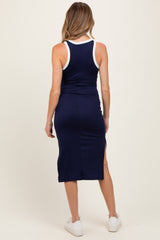 Navy/Soft White High Neck Ribbed Sleeveless Maternity Midi Dress