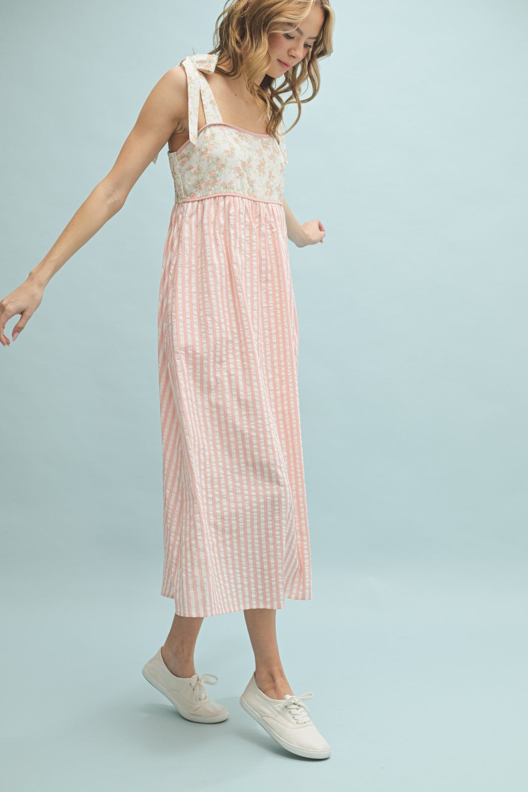 Peach Floral Contrast Stripe Shoulder Tie Midi Dress
