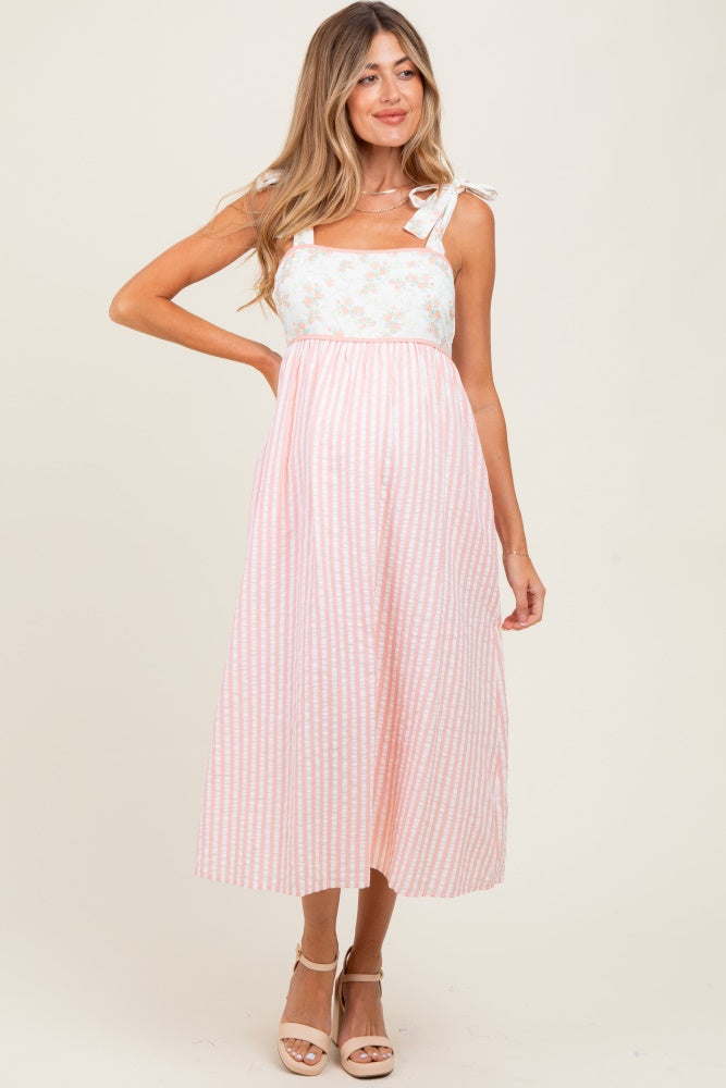 Peach Floral Contrast Stripe Shoulder Tie Maternity Midi Dress