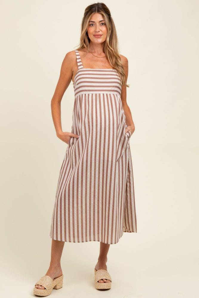 Mocha Striped Sleeveless Maternity Midi Dress