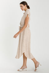 Brown Striped Sash Tie Midi Shirt Dress