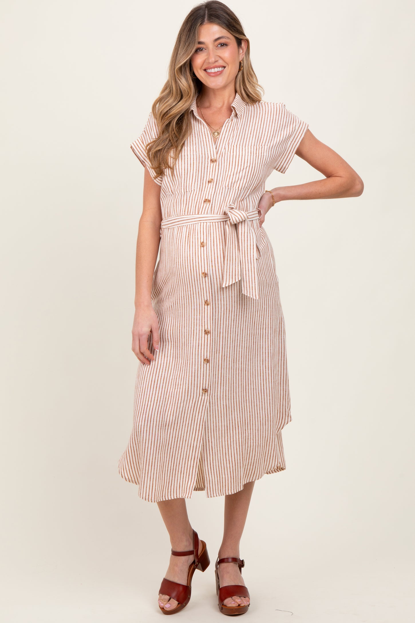 Brown Striped Sash Tie Maternity Midi Shirt Dress