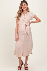 Brown Striped Sash Tie Maternity Midi Shirt Dress