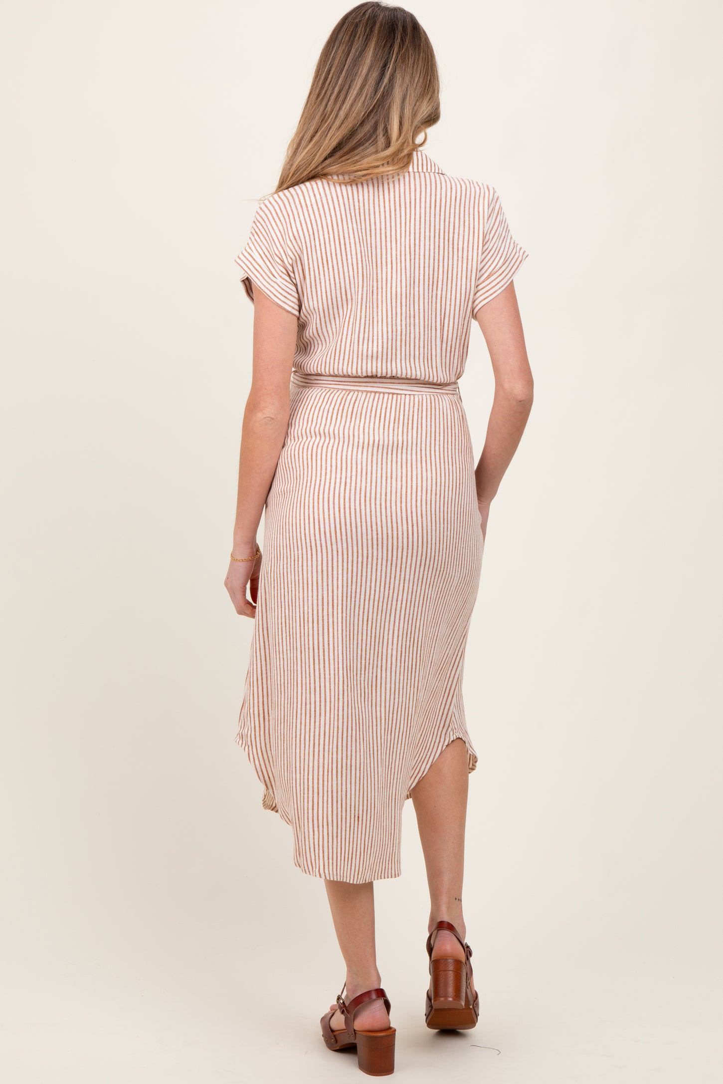 Brown Striped Sash Tie Maternity Midi Shirt Dress