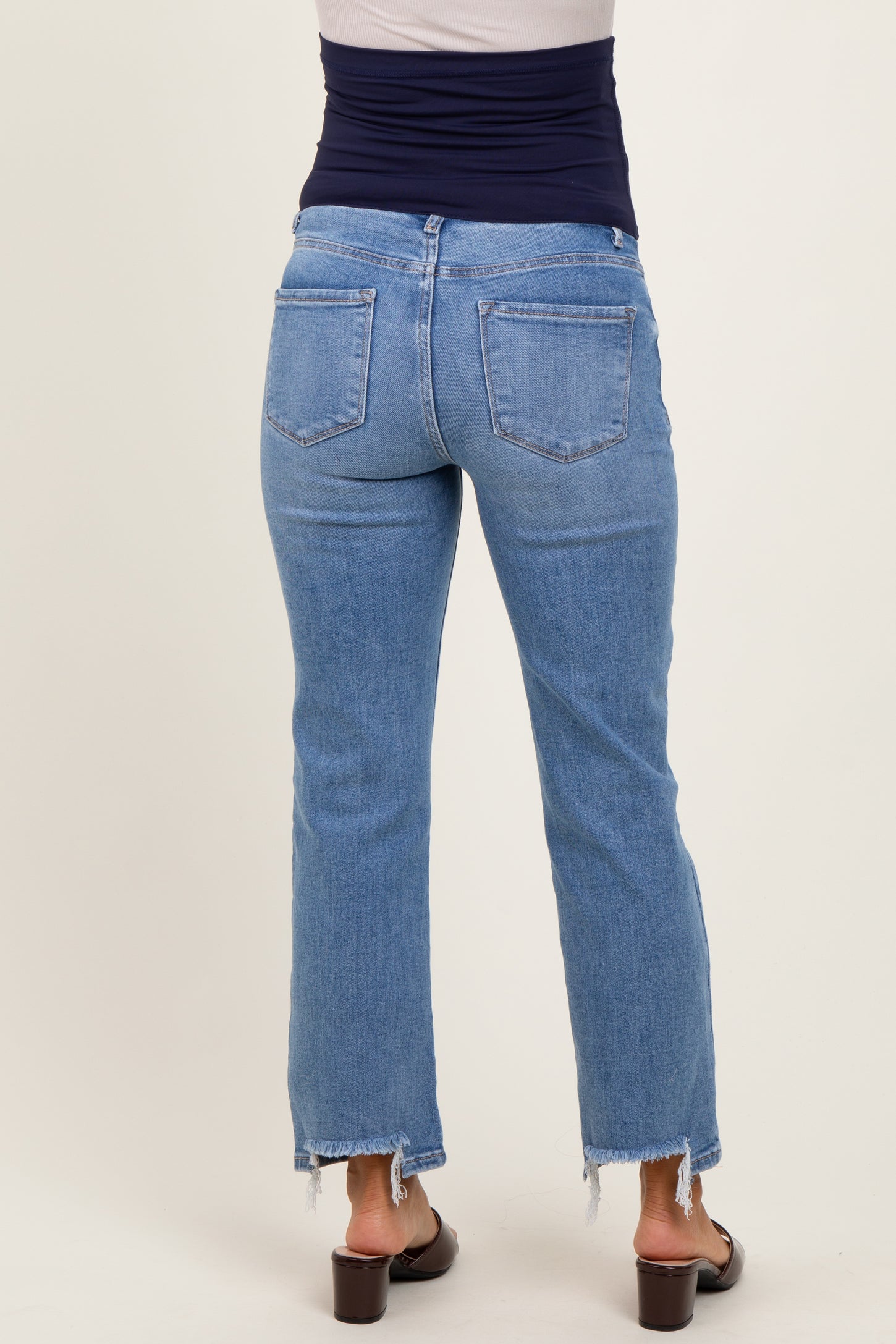 Blue Fringe Hem Ankle Straight Leg Maternity Jeans