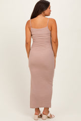 Beige Striped Sleeveless Fitted Maternity Maxi Dress