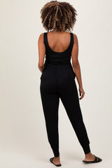 Black Scoop Neck Sleeveless Maternity Jogger Jumpsuit