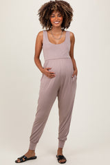 Mocha Scoop Neck Sleeveless Maternity Jogger Jumpsuit