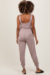 Mocha Scoop Neck Sleeveless Maternity Jogger Jumpsuit