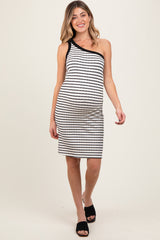 Cream/Black One Shoulder Striped Maternity Bodycon Knit Dress