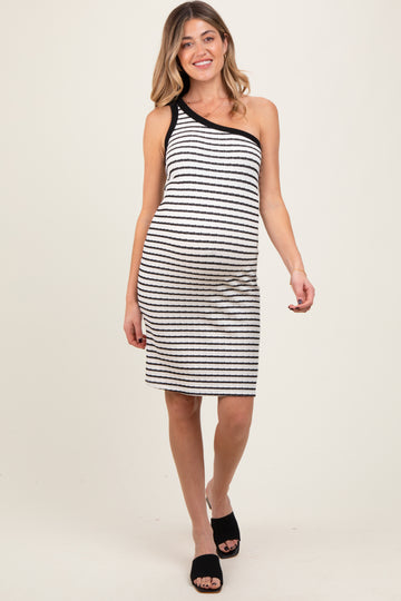 Cream/Black One Shoulder Striped Maternity Bodycon Knit Dress
