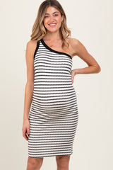 Cream/Black One Shoulder Striped Maternity Bodycon Knit Dress