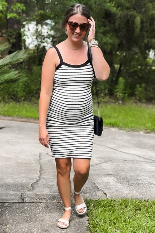 Cream/Black Striped Sleeveless Maternity Bodycon Knit Dress