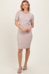 Taupe Striped Short Sleeve Maternity T-Shirt Dress