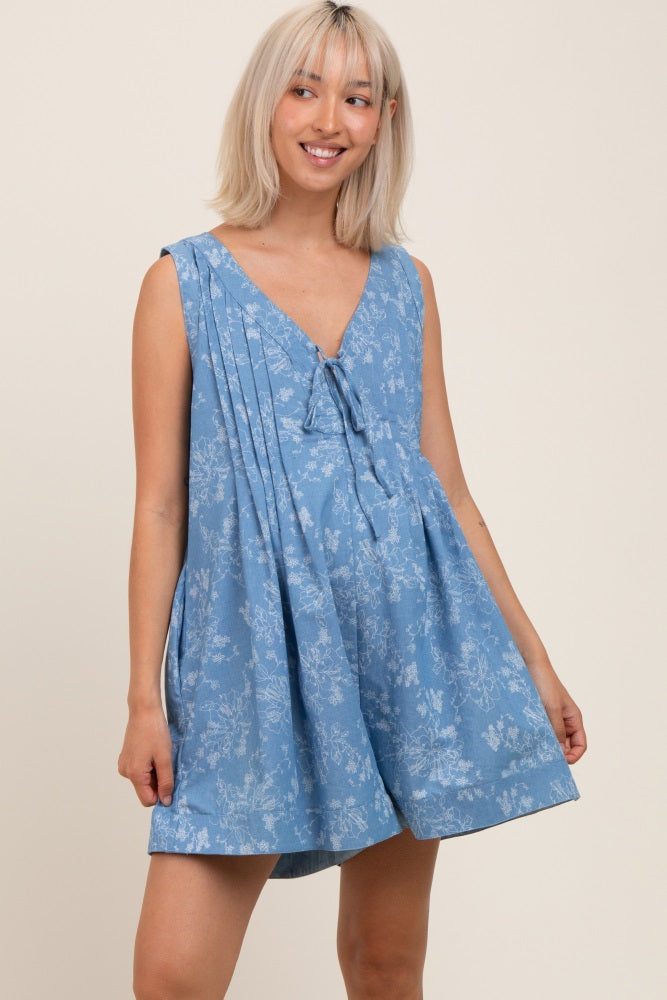 Light Blue Floral Chambray Pleat Front Maternity Romper