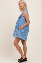Light Blue Floral Chambray Pleat Front Maternity Romper