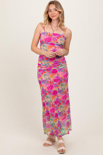 Pink Multi-Color Floral Mesh Ruched Sleeveless Maxi Dress