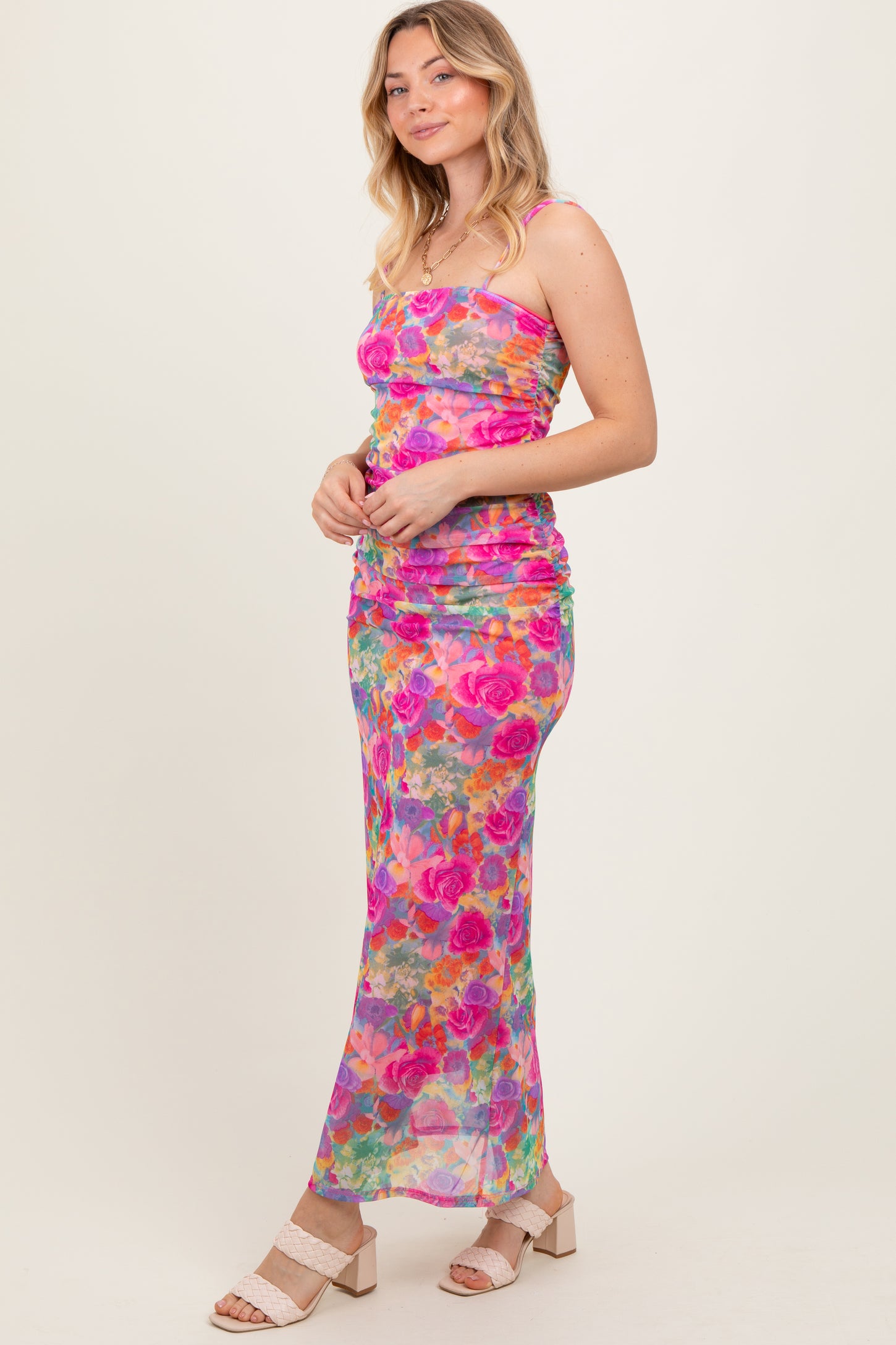 Pink Multi-Color Floral Mesh Ruched Sleeveless Maxi Dress