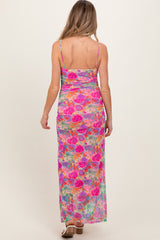Pink Multi-Color Floral Mesh Ruched Sleeveless Maternity Maxi Dress
