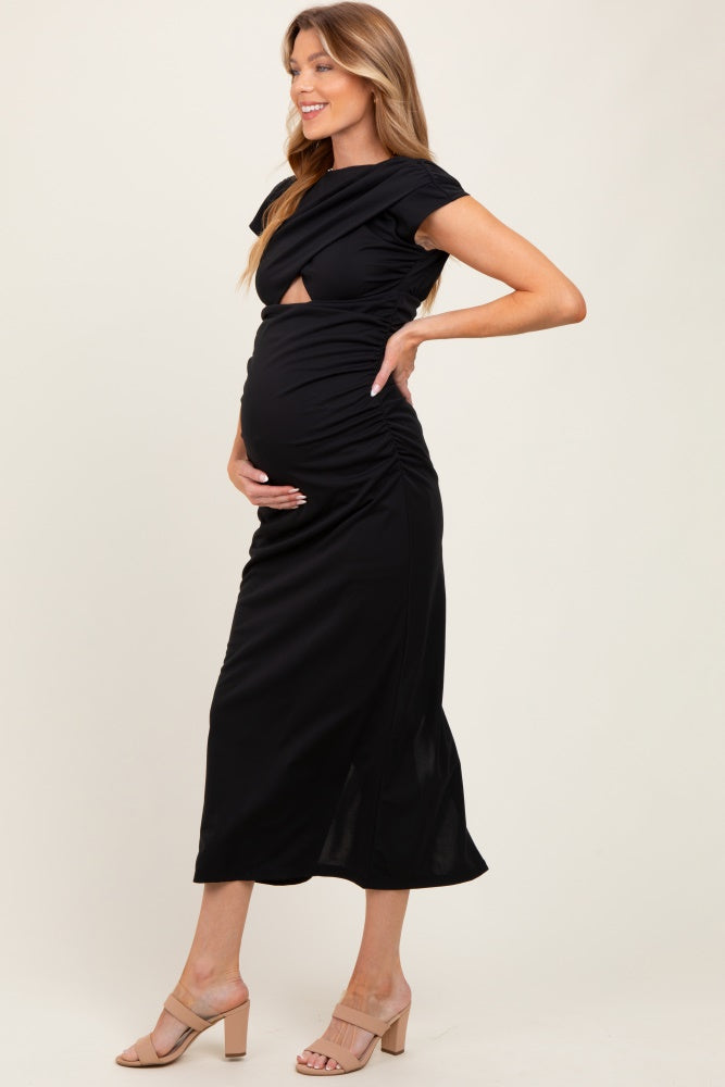 Black Asymmetrical Cutout Ruched Maternity Midi Dress