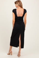 Black Asymmetrical Cutout Ruched Maternity Midi Dress