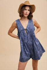 Navy Blue Floral Chambray Pleat Front Romper