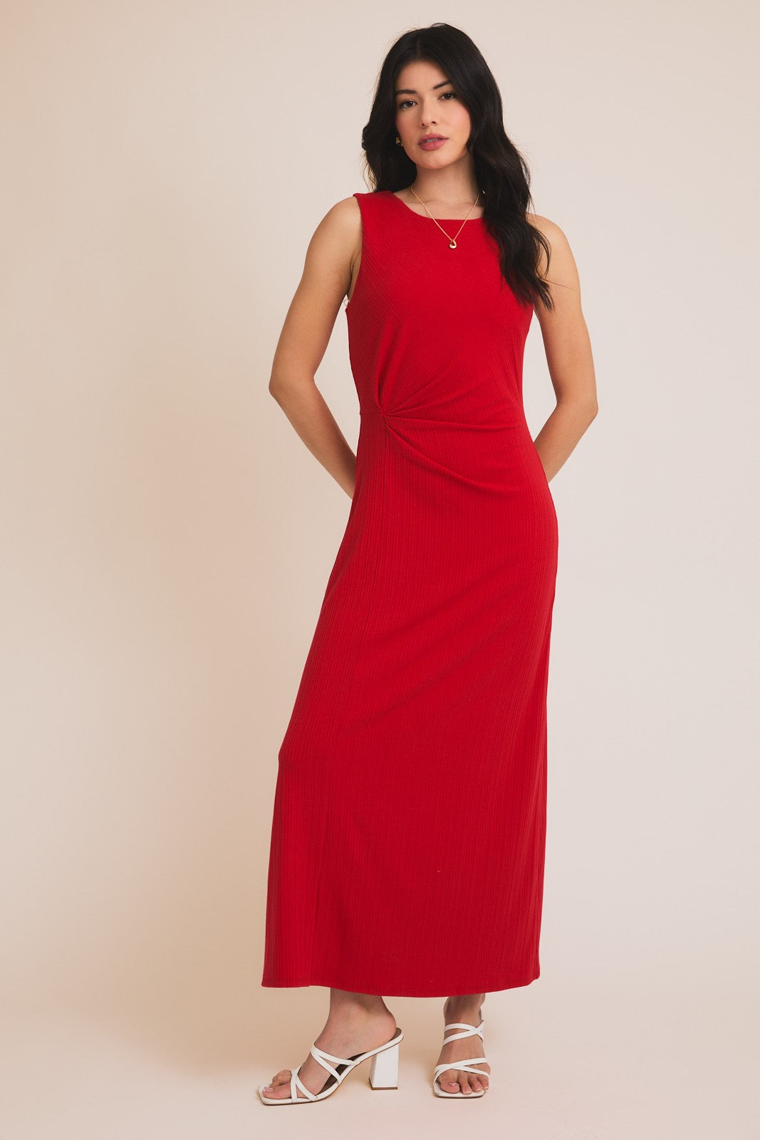 Red Gathered Waist Sleeveless Maxi Dress