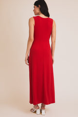 Red Gathered Waist Sleeveless Maxi Dress