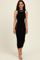 Black Ribbed Knit Contrast Detail Midi Dress