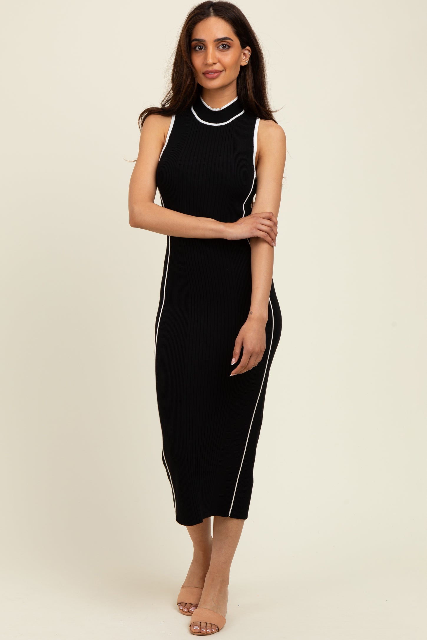 Black Ribbed Knit Contrast Detail Maternity Midi Dress
