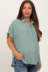Sage Solid Collared Button-Up Maternity Top