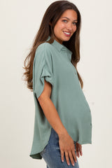 Sage Solid Collared Button-Up Maternity Top