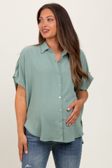Sage Solid Collared Button-Up Maternity Top