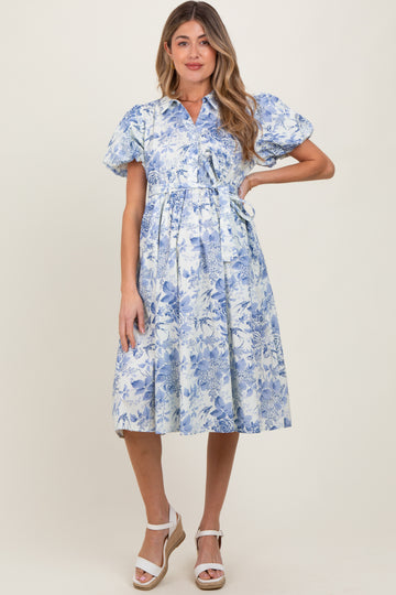 Blue Floral Print Belted Maternity Midi Dress