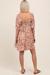 Peach Floral Puff Sleeve Maternity Dress