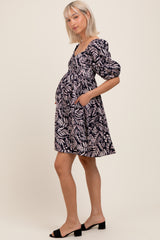 Navy Floral Puff Sleeve Maternity Dress