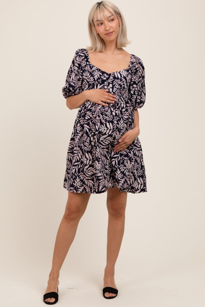 Navy Floral Puff Sleeve Maternity Dress