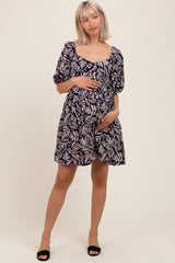 Navy Floral Puff Sleeve Maternity Dress