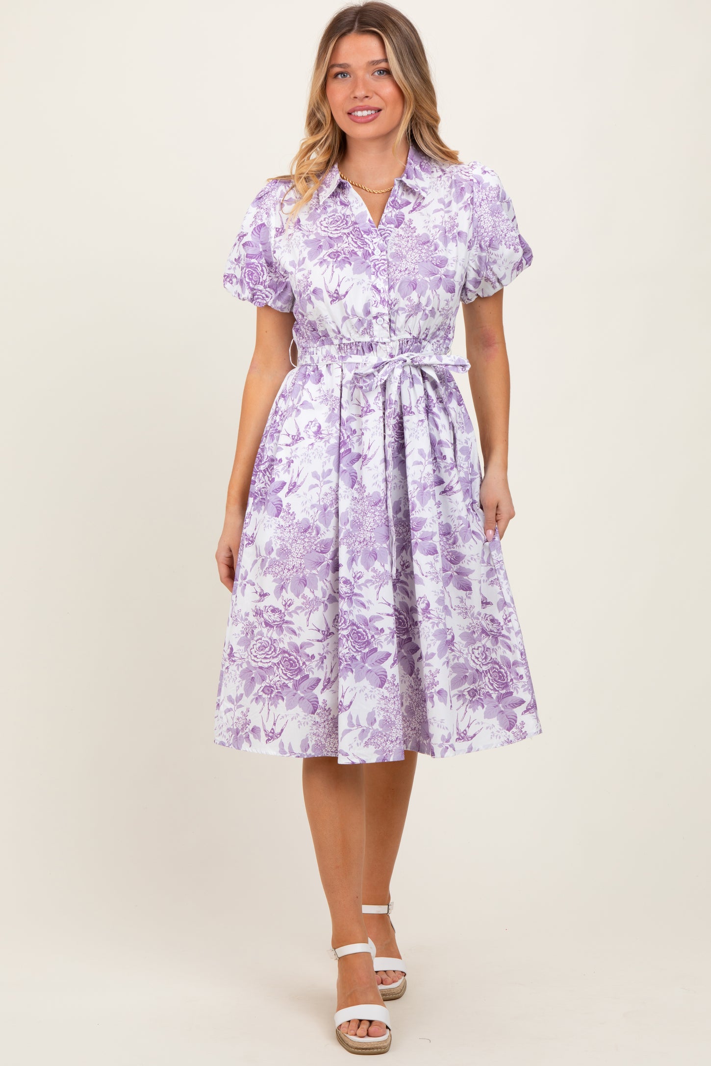 Lavender Floral Print Belted Maternity Midi Dress