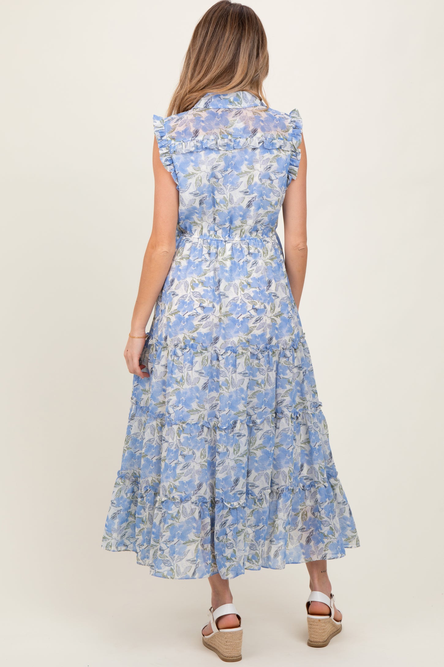 Blue Floral Print Chiffon Tiered Maternity Maxi Dress