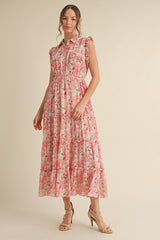 Pink Floral Print Chiffon Tiered Maternity Maxi Dress