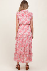 Pink Floral Print Chiffon Tiered Maternity Maxi Dress