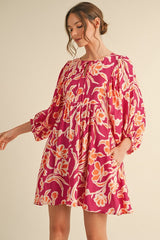 Fuchsia Print 3/4 Balloon Sleeve Maternity Dress