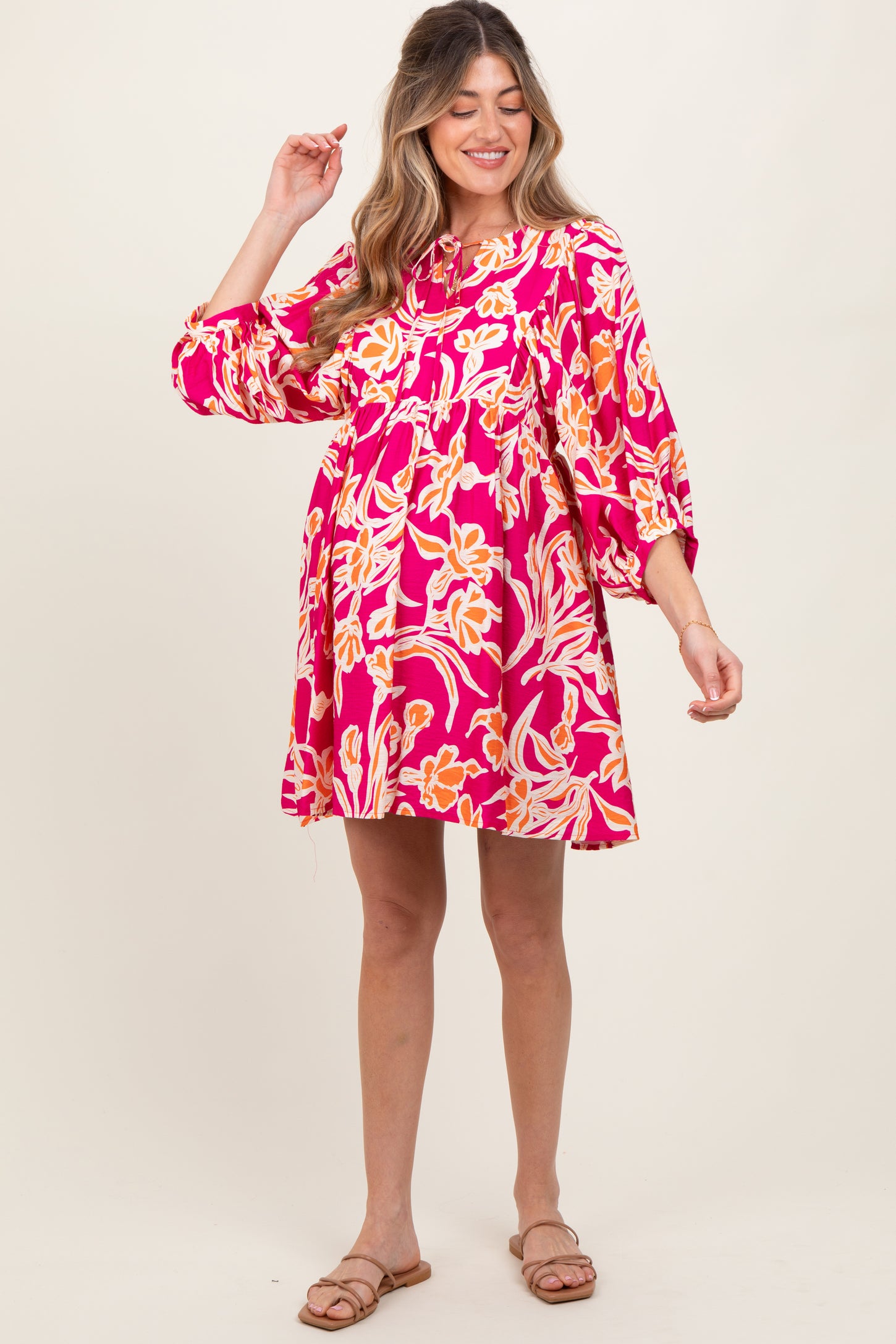 Fuchsia Print 3/4 Balloon Sleeve Maternity Dress