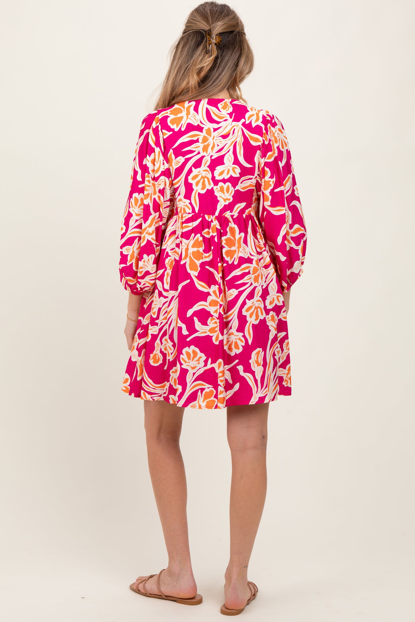 Fuchsia Print 3/4 Balloon Sleeve Maternity Dress