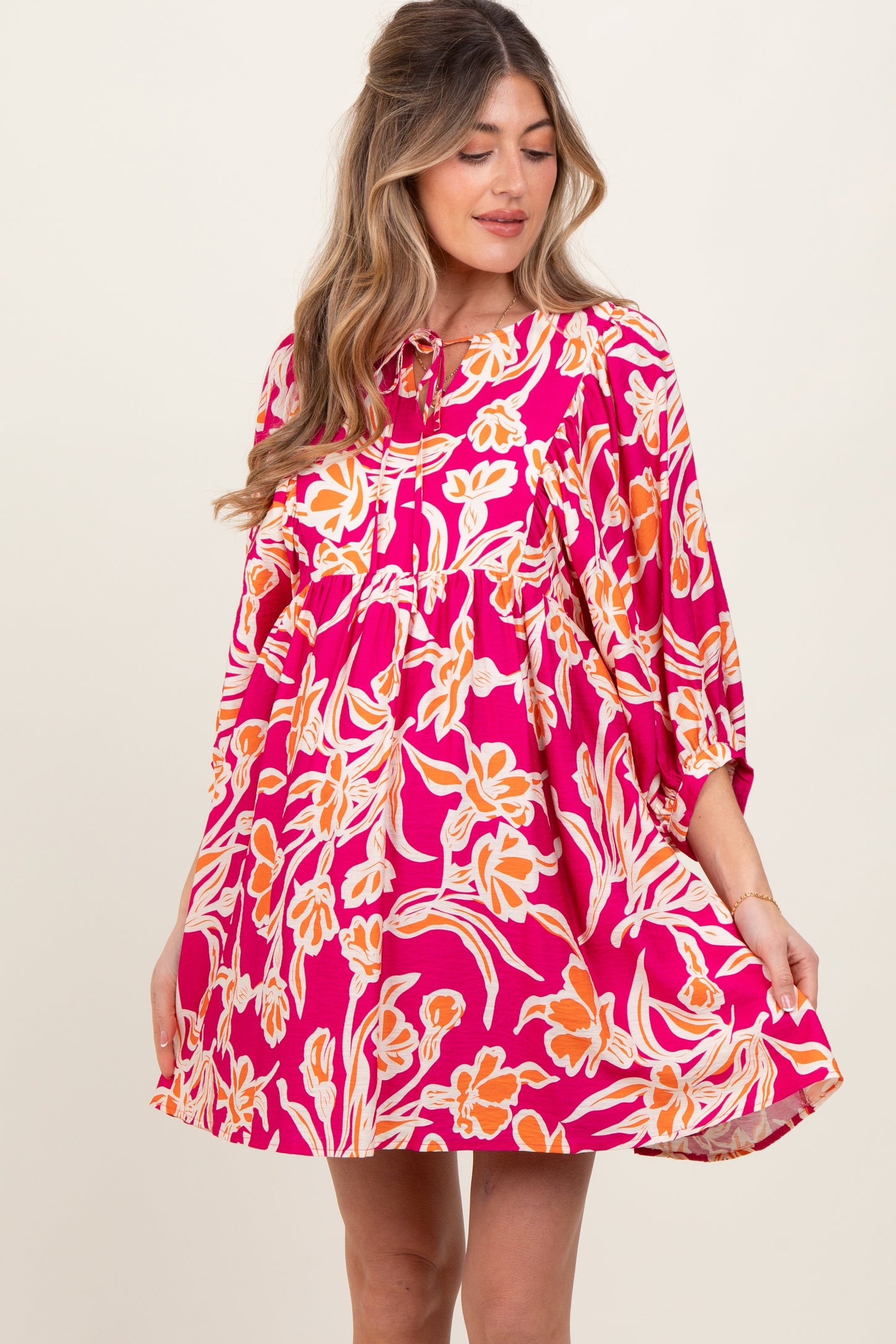 Fuchsia Print 3/4 Balloon Sleeve Maternity Dress