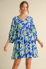 Royal Blue Print 3/4 Balloon Sleeve Maternity Dress